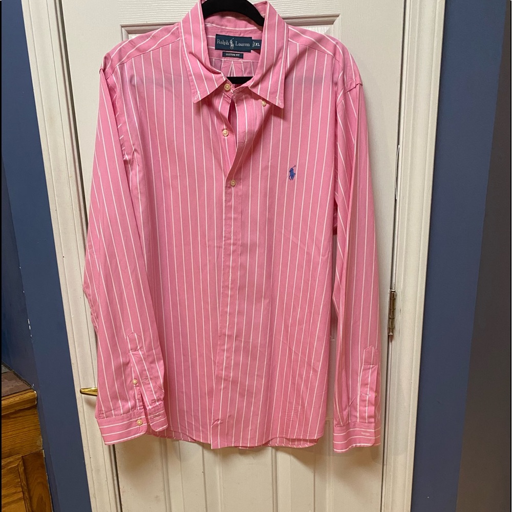 Ralph Lauren Custom Fit Dress Career Shirt Stripe Long Sleeve Pink & White XL.